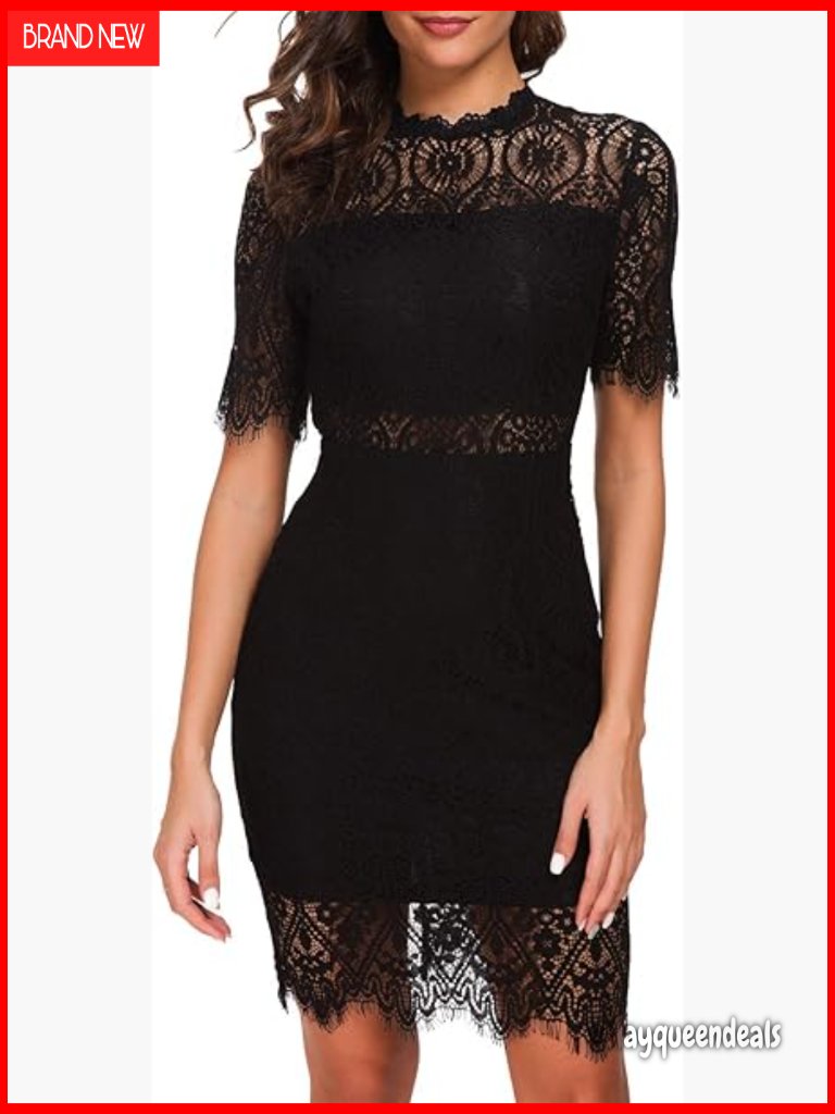 Elegant High Neck Short Sleeve Lace Cocktail Party Dress Bodycon Sheath